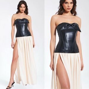 NWT Miss Circle Maayan Black Vegan Leather Corset Maxi Dress Size XS